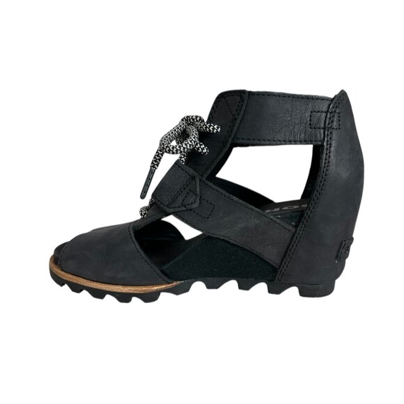 Sorel Joanie Wedge Lace up Sandals Size 7.5 Black Leather Gladiator - Picture 4 of 9